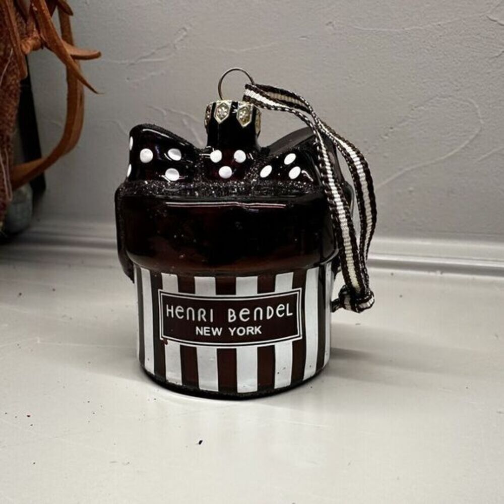Henri Bendel Centennial Stripe Hat Box Glass Christmas Ornament 2.25"
